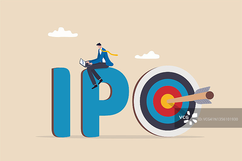 首次公开募股（IPO），公司在股市上市，投资机会或从新股概念中获利，商人交易员在字母IPO上交易股票，带有靶心目标。图片素材