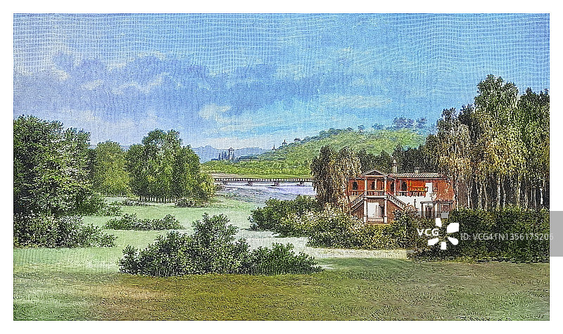 古版画：穆斯考公园（德国和波兰）插图图片素材