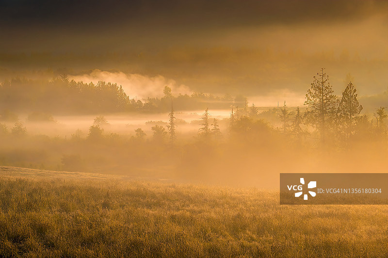 华盛顿州北部喀斯喀特山脉斯卡吉特-索克山谷的晨曦薄雾景观图片素材