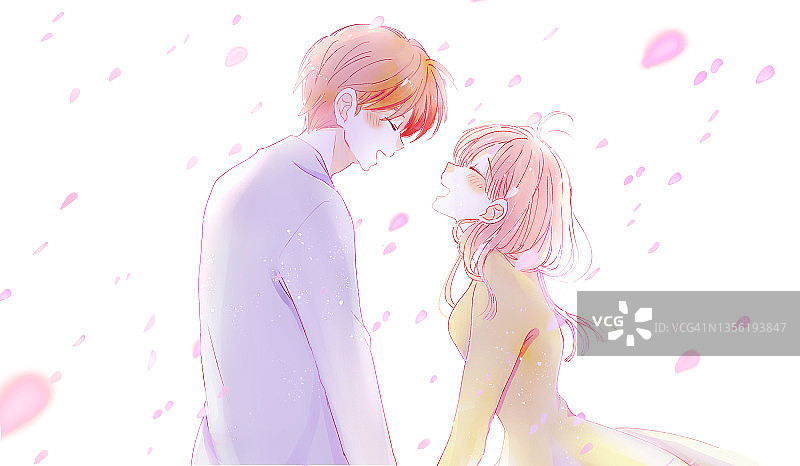 幸福情侣在樱花雨中图片素材