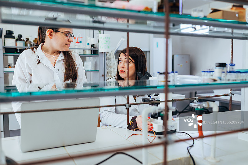 两名女科学家讨论实验并分析所有细节。图片素材