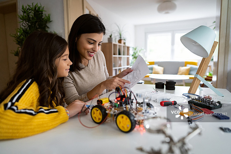白人母亲和女儿看着说明书，尝试制作机器人汽车原型图片素材