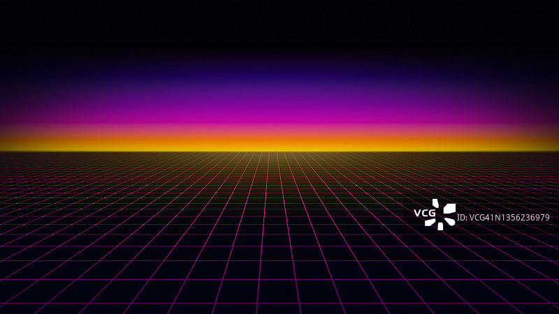 充满活力的霓虹渐变日落天空粉色网格80年代复古风背景图片素材