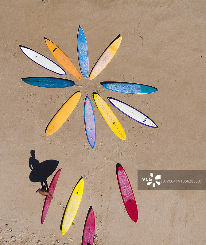 空中俯瞰的彩色冲浪板图片素材