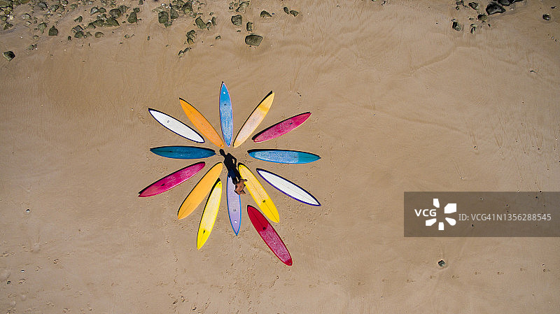 空中俯瞰的彩色冲浪板图片素材