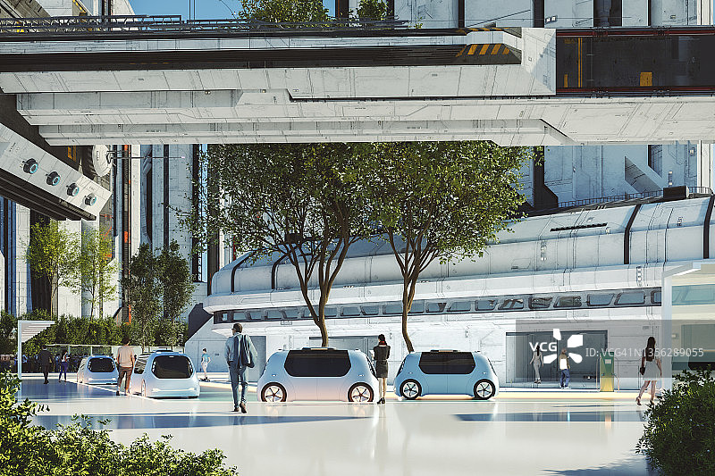 未来城市中心与电动汽车图片素材