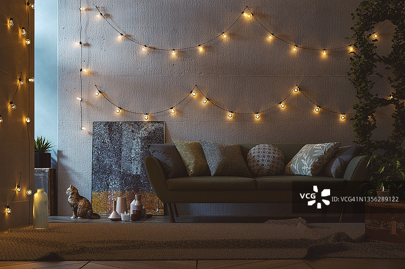 舒适的客厅一角与孤独的猫图片素材