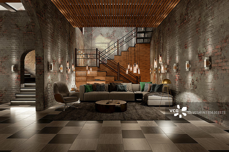 工业风客厅：扶手椅、转角沙发、砖墙与吊灯图片素材