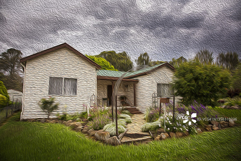 乡村白色木屋前花园的油画效果，花园拱门外有矮牵牛、飞燕草、鼠尾草和毛地黄等紫色和白色花朵图片素材