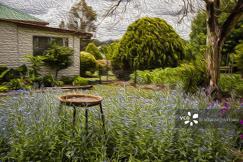 花园油画效果：鸟浴盆、勿忘我与乡村小屋图片素材