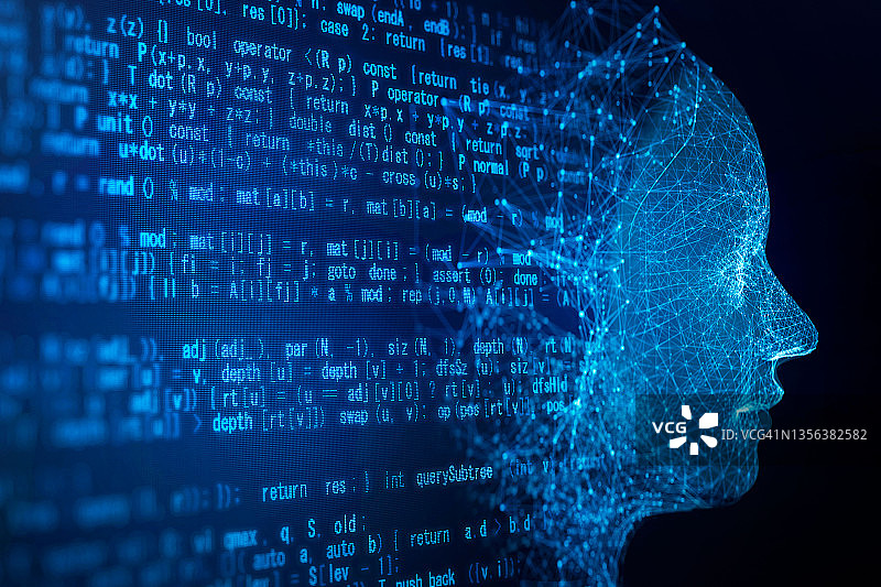AI机器人面部与编程代码图片素材