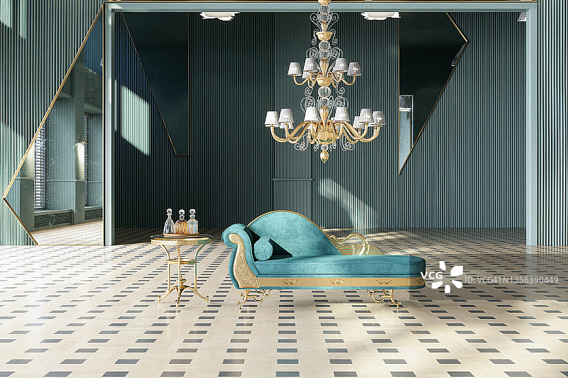 优雅的等候室室内设计，配有绿松石色沙发、边桌和金色吊灯图片素材