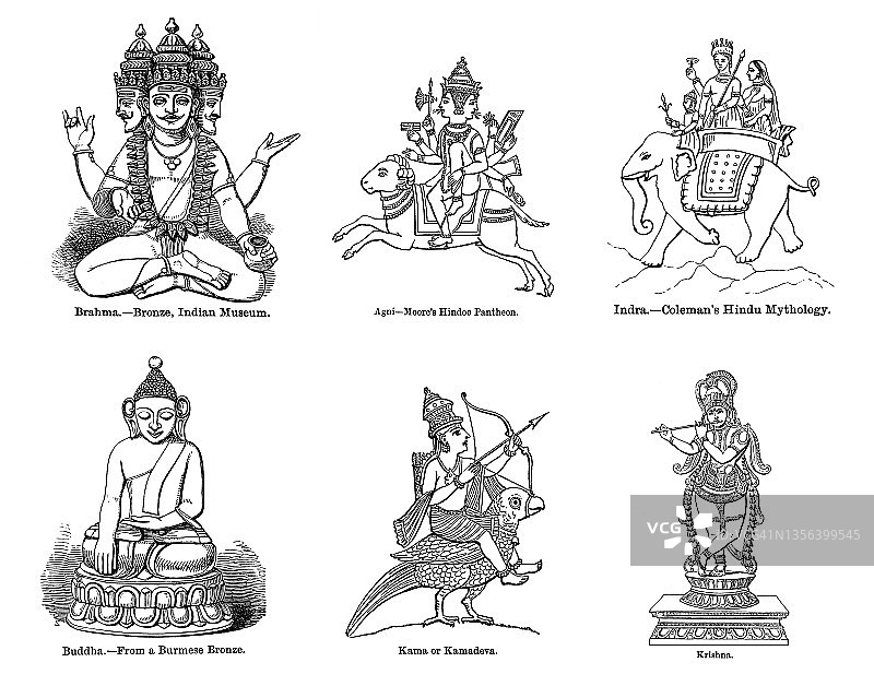 印度文化、印度教神祇复古雕刻插图图片素材