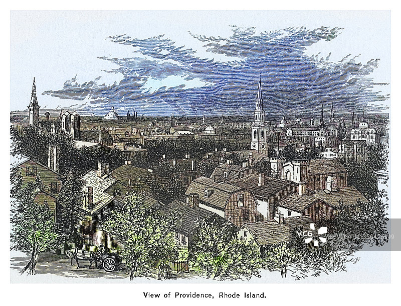美国罗德岛普罗维登斯景观古版画插图图片素材