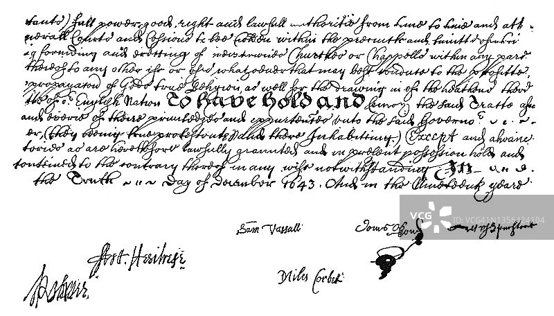 1629年马萨诸塞湾殖民地特许副本雕刻插图图片素材