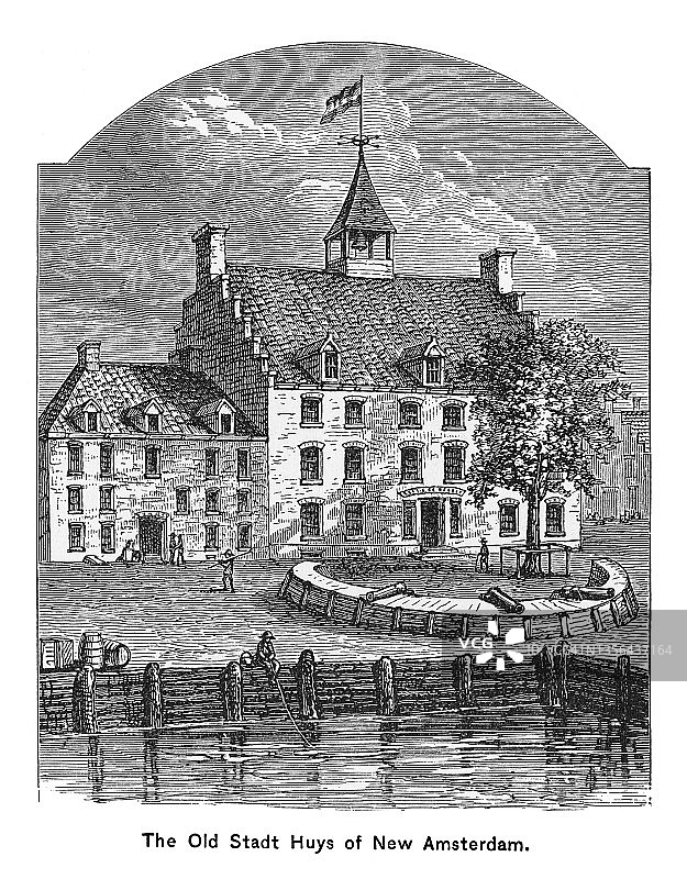 美国纽约新阿姆斯特丹旧市政厅的古老雕刻插图图片素材