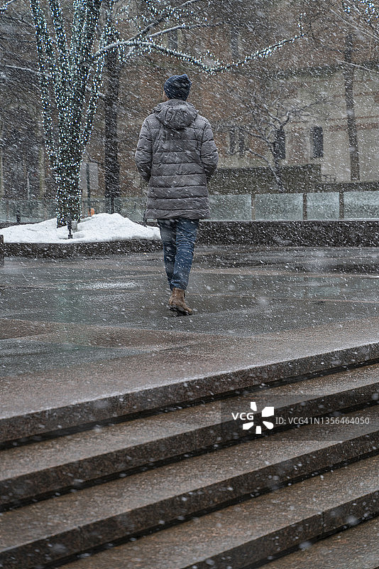 游客在纽约曼哈顿公园大道被节日灯装饰的树木间行走，大雪纷飞图片素材