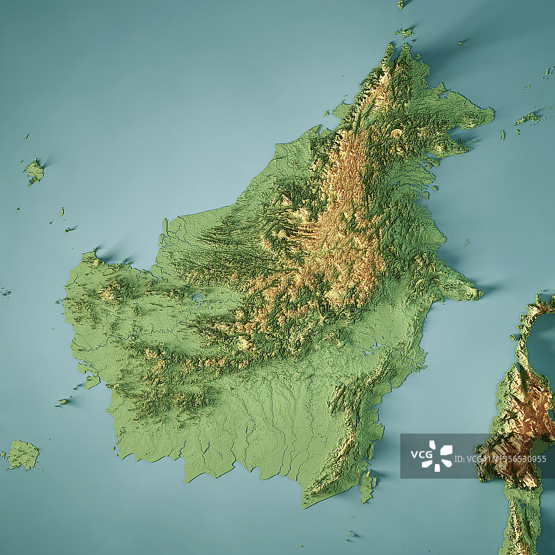 婆罗洲地形彩色3D渲染地图图片素材