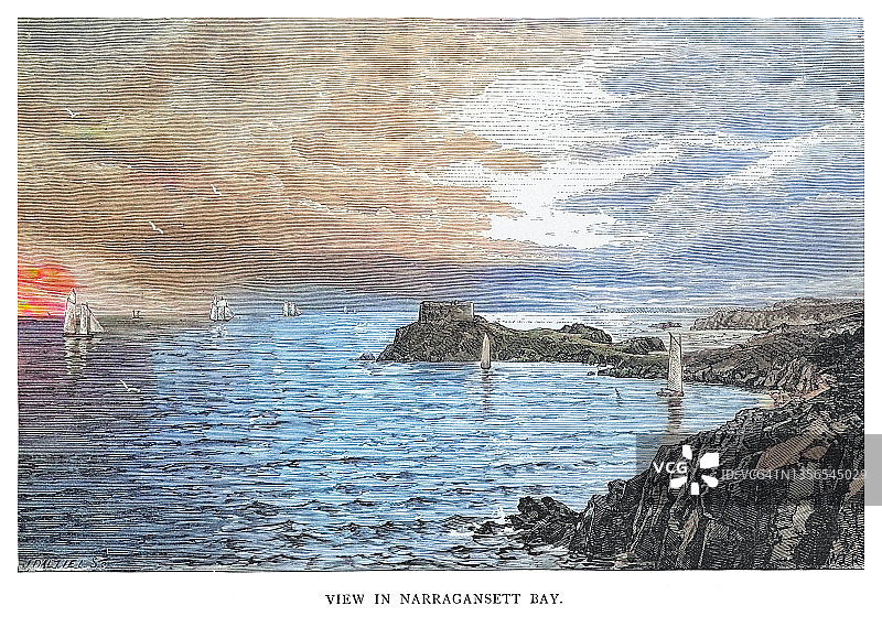 纳拉干西特湾和罗德岛纽波特景观的古老雕刻插图图片素材