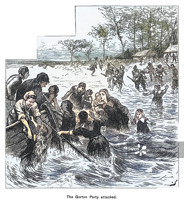 戈顿党袭击马萨诸塞州的一群男女儿童的古老雕刻插图图片素材