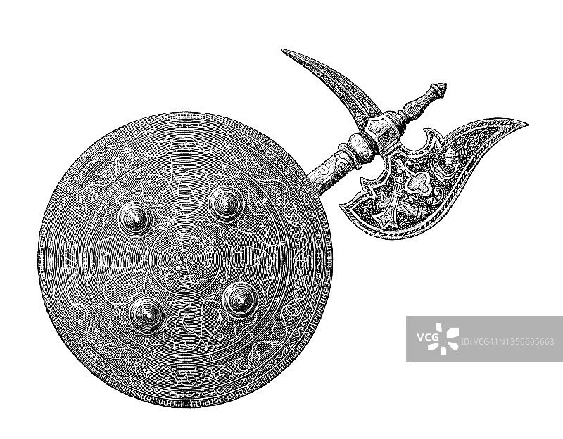 东方圆形盾牌和战斧的古老版画插图图片素材