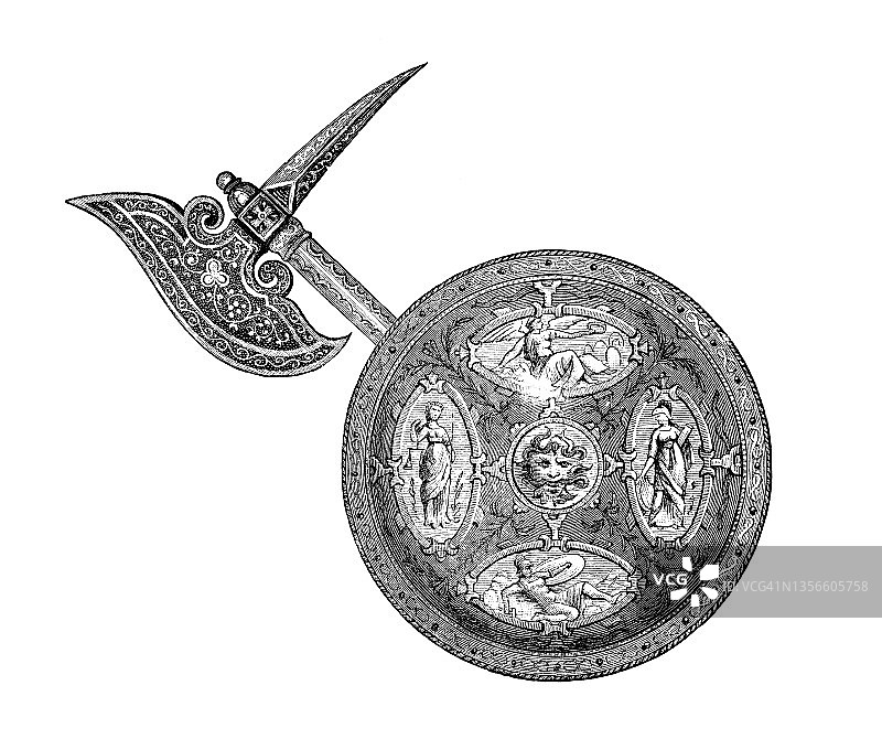 法国亨利二世时期的浮雕盾牌和战斧图片素材