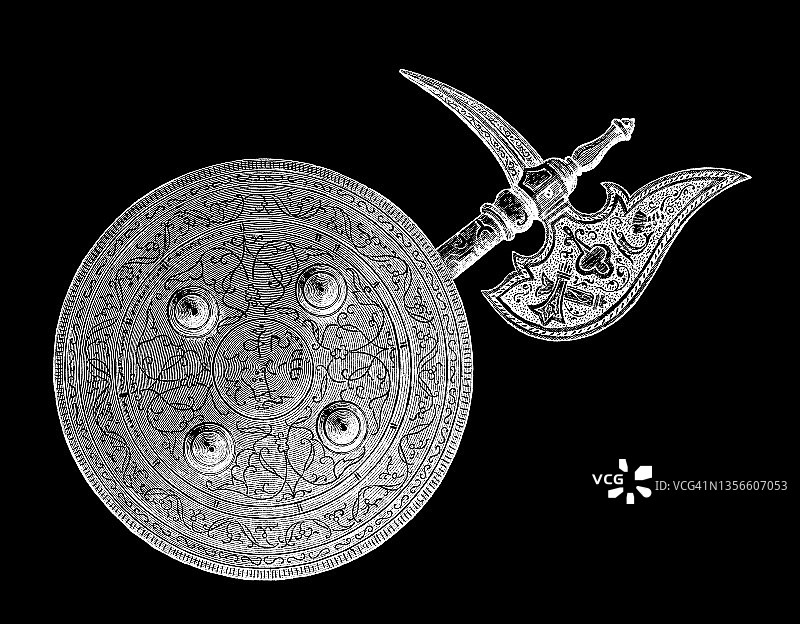 东方圆形盾牌和战斧的古老版画插图图片素材