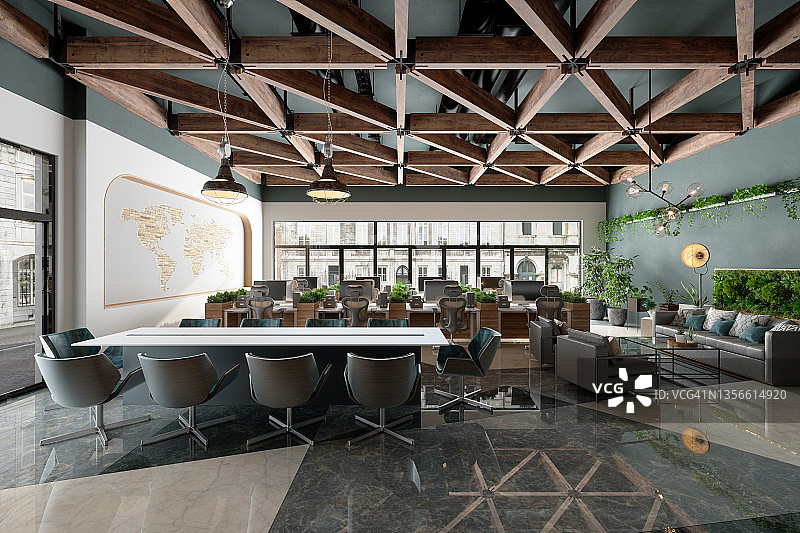 配有桌子、办公椅、会议桌、等候区和爬行植物的环保开放式现代办公室图片素材