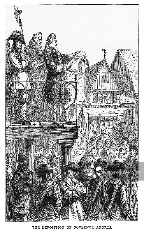 波士顿人民罢免安德罗斯州长古老雕刻插图（1689年4月18日）图片素材