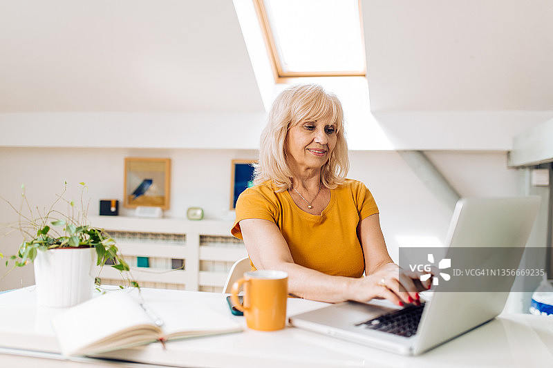 中年商人在家中办公室在线工作图片素材