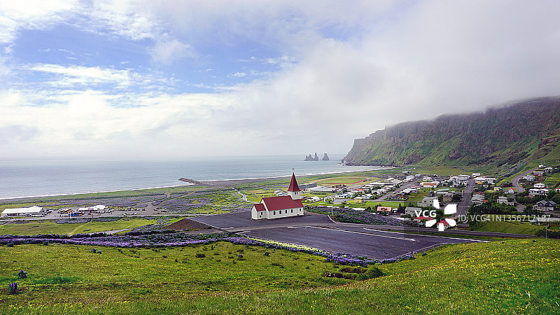 夏季冰岛的教堂和羽扇豆田野图片素材