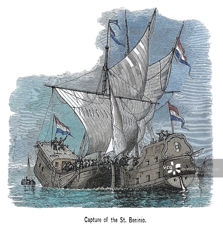 荷兰“圣贝尼诺”号船只捕获场景老旧雕刻插图图片素材