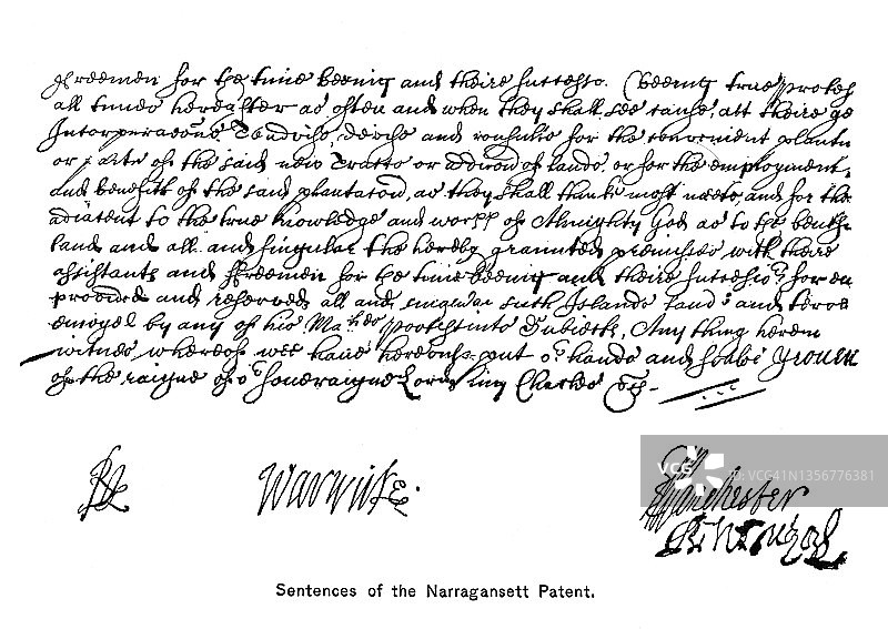 1643年纳拉甘西特专利罗德岛殖民宪章签名和结束语的老式雕刻插图图片素材