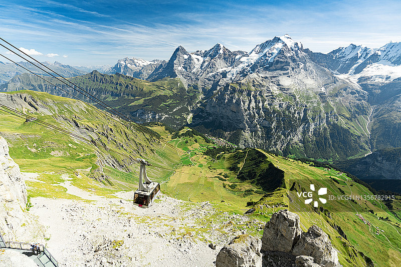雪朗峰缆车与瑞士阿尔卑斯山图片素材