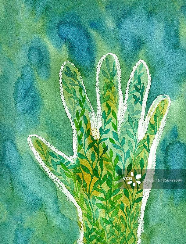 绿色手与植物抽象背景插画图片素材