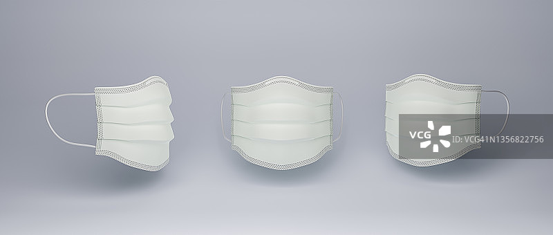 白色背景上的三个白色医用口罩和冠状病毒防护图片素材