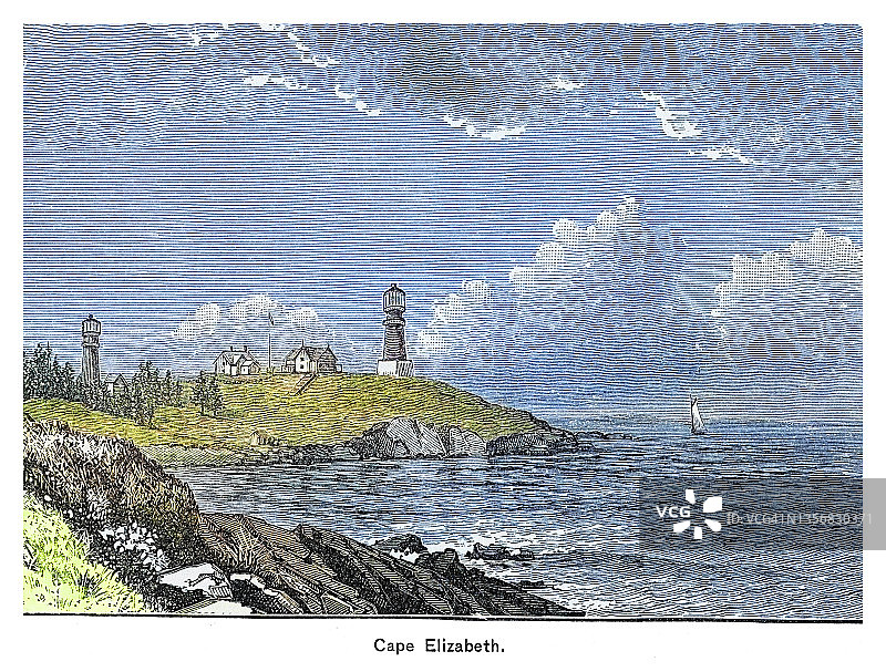 缅因州伊丽莎白角景观的旧版画插图图片素材