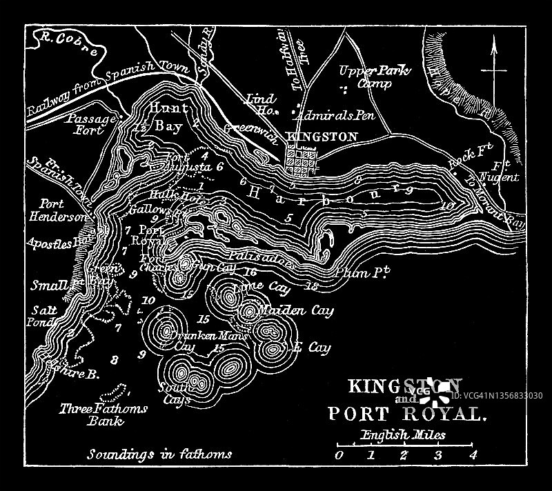 牙买加金斯敦和皇家港的古老雕刻地图图片素材