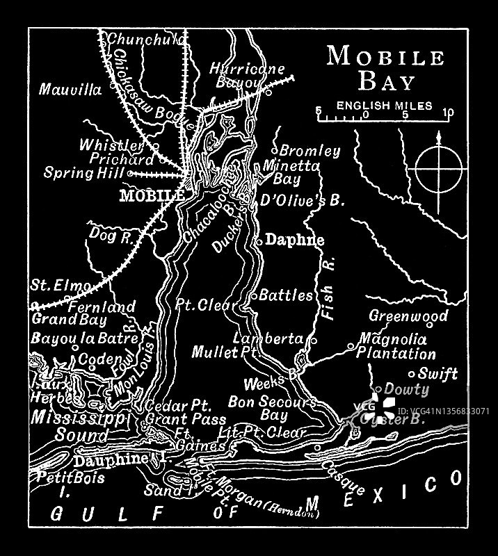 阿拉巴马州莫比尔湾河口古老雕刻地图图片素材
