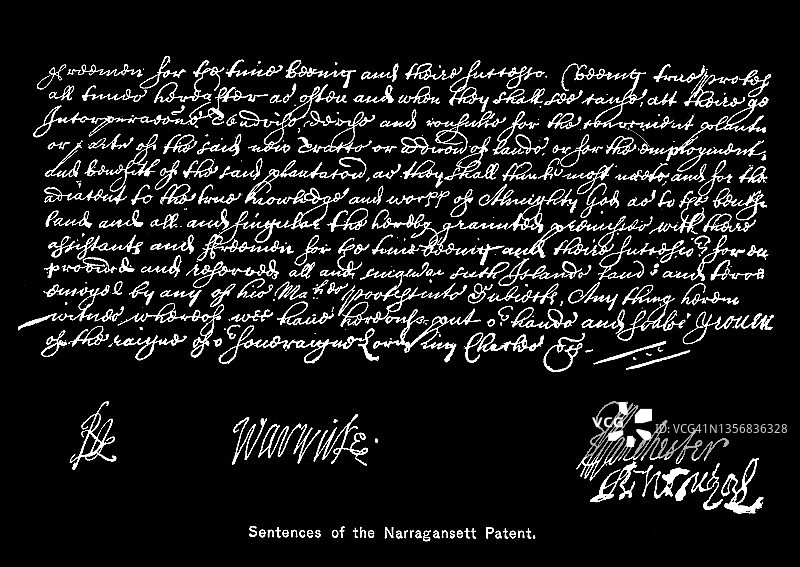 1643年纳拉甘西特专利罗德岛殖民宪章签名和结束语的老式雕刻插图图片素材