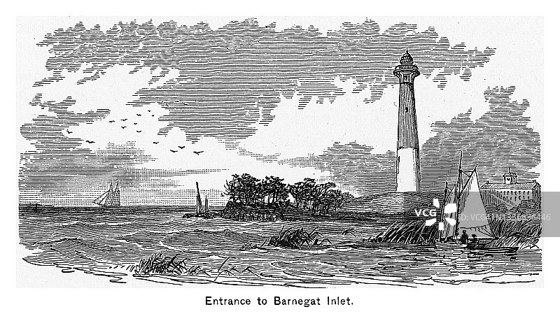 巴尼加特灯塔的旧版画插图，美国新泽西州巴尼加特灯塔州立公园图片素材