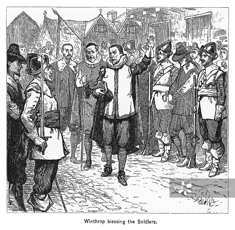 约翰·温斯罗普总督祝福士兵（马萨诸塞州，1643年）古董雕刻插图图片素材