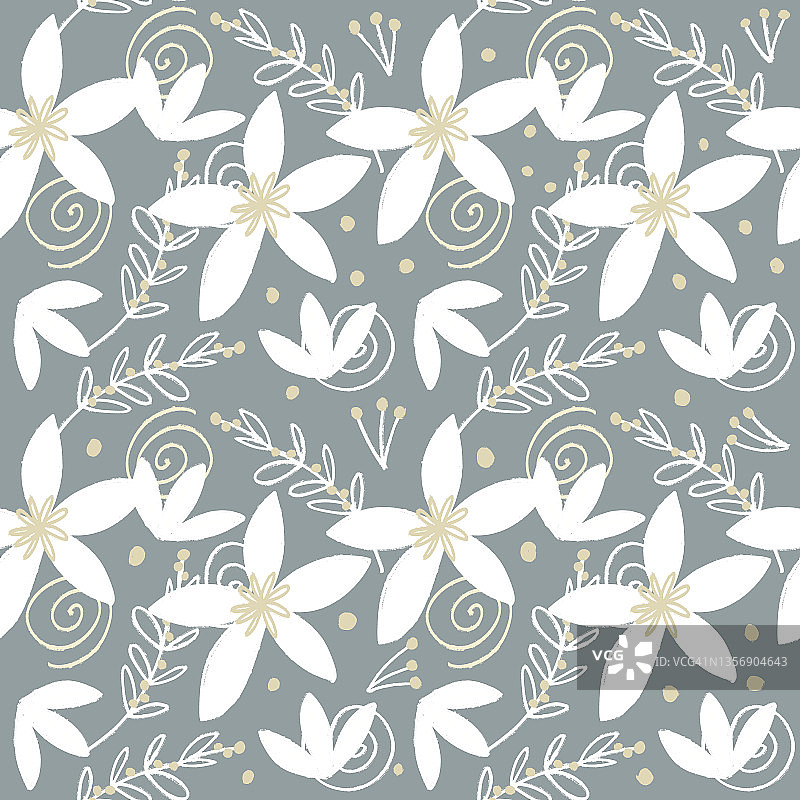 银色背景上的白色花朵无缝图案插画图片素材