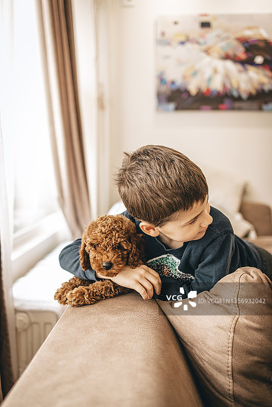 可爱的男孩坐在沙发上拥抱他的狗图片素材