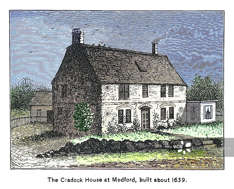 马萨诸塞州梅德福的马修·克拉多克故居古老雕刻插图图片素材