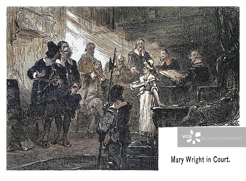 美国贵格会教徒玛丽·赖特在法庭上的古老版画图片素材