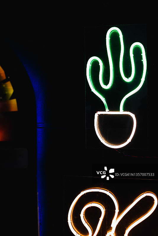 黑色背景上的绿色霓虹仙人掌图片素材
