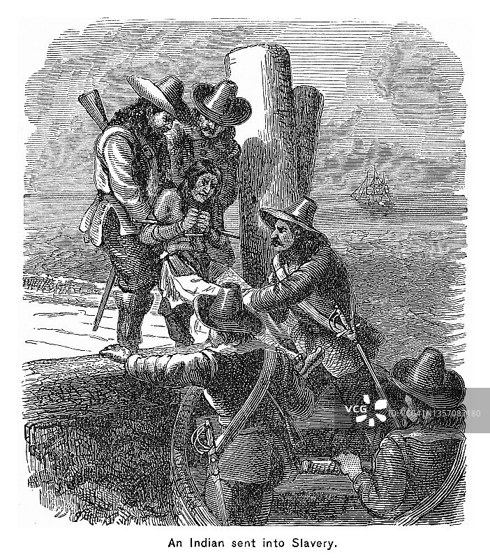 被弗吉尼亚殖民者奴役的美国原住民古老雕刻插图图片素材