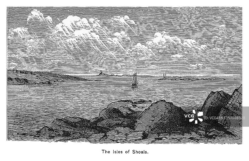 肖尔斯群岛古老雕刻插图，新罕布什尔州图片素材