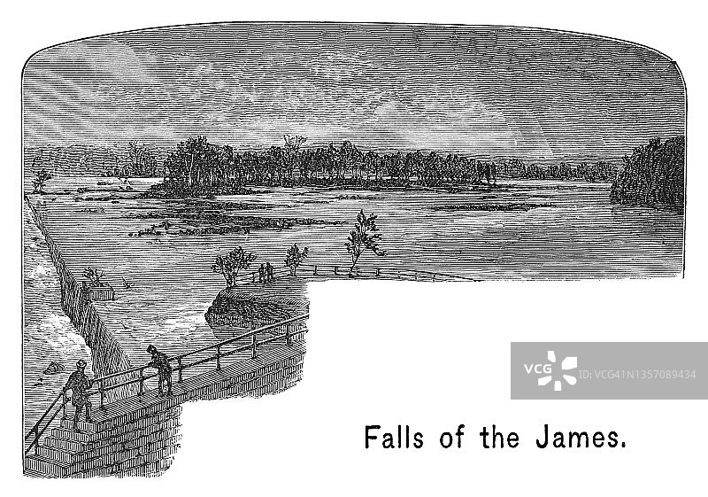 弗吉尼亚州詹姆斯河瀑布古版画图片素材